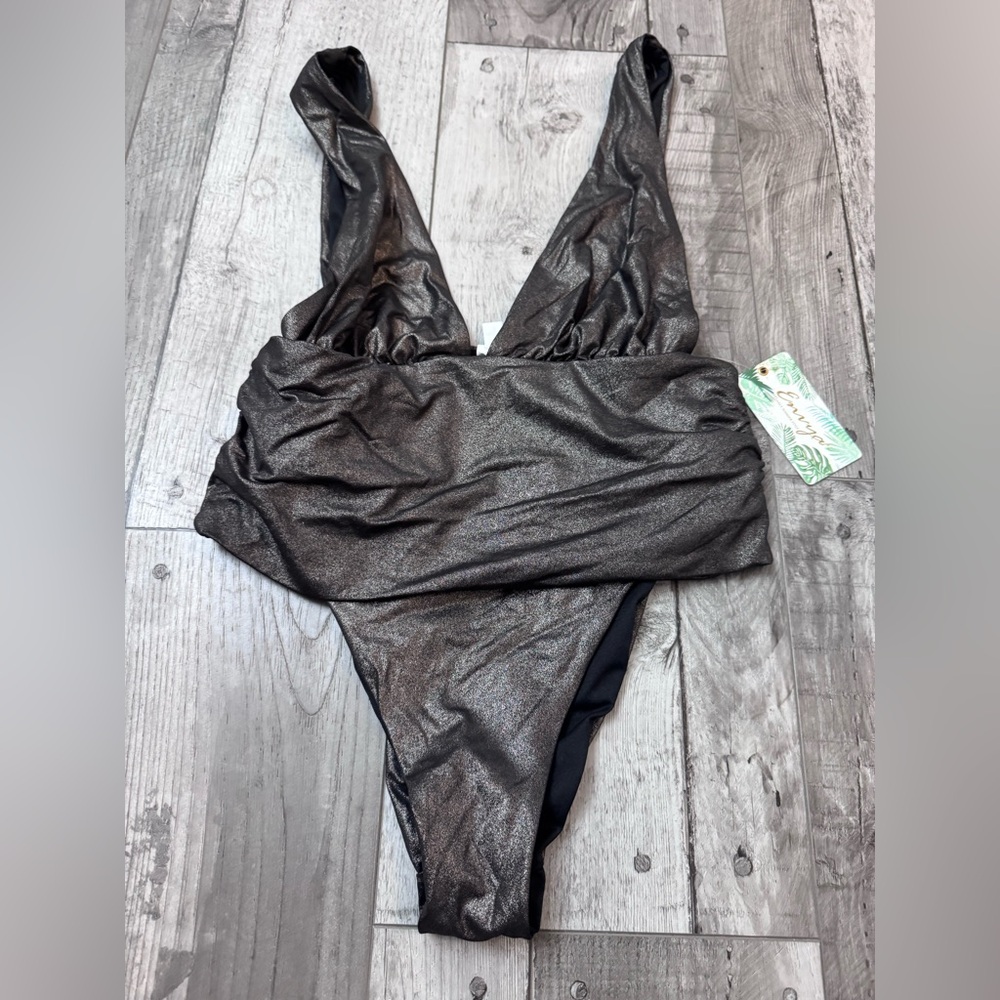 Envya Swimsuit Shimmer New NWT Deep V Tummy Control One Piece Small